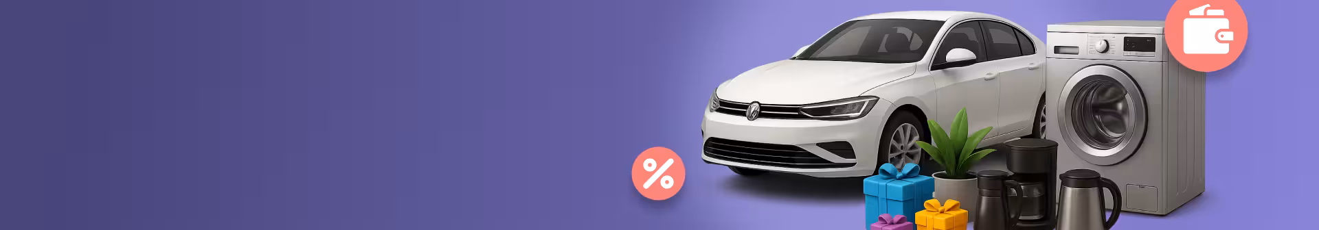 A car, household appliances and gifts symbolizing items that can be financed with a loan.